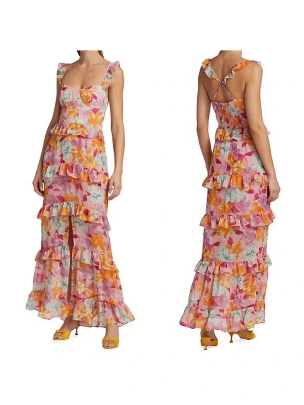 WAYF Floral TROPICAL Pink Hibiscus WITH LOVE Tiered RUFFLE Maxi $148